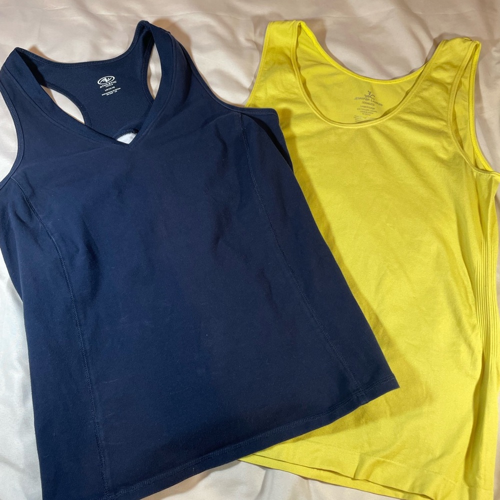 Set of Navy and Yellow‎ Tank Tops, Size large & large/XL.